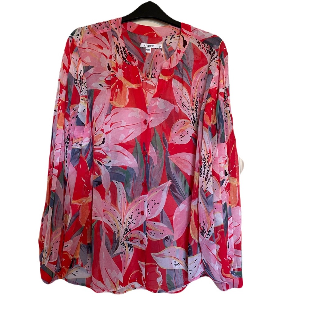 Chico’s Pink Red Floral Pleated Sleeve Blouse Chico's Size 3 / XL / 16